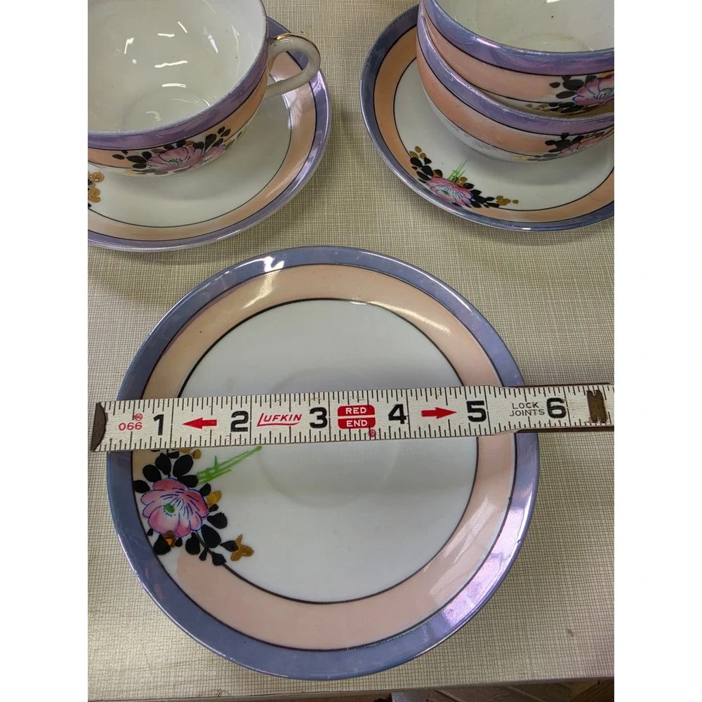 Vintage Japanese Lusterware Tea Cup and Saucer Set Hand Painted Floral 10 Piece
